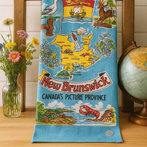 Vintage New Brunswick Canada Map Linen Tea Towel • Souvenir Landmarks NOS - Picture 1 of 5